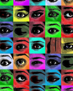Färgglatt kollage av olika ögon som är stängda och öppna