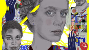 Detaljerad färgstark illustration med bauhausmönster och gul ram med autentiska porträtt av Malin Persson, Jennifer Amaka Pettersson och Peshang Rad.