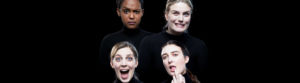 Fyra kvinnoansikten mot svart bakgrund med olika ansiktsuttryck.
