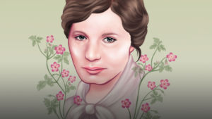 Illustration av Elin Wägner med blommor kring hennes huvud