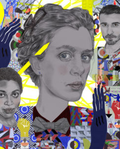 Detaljerad färgstark illustration med bauhausmönster och gul ram med autentiska porträtt av Malin Persson, Jennifer Amaka Pettersson och Peshang Rad.
