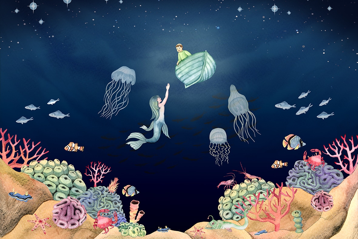En illustration av korallrev, maneter, sjöjungfrun och en pojke i en båt