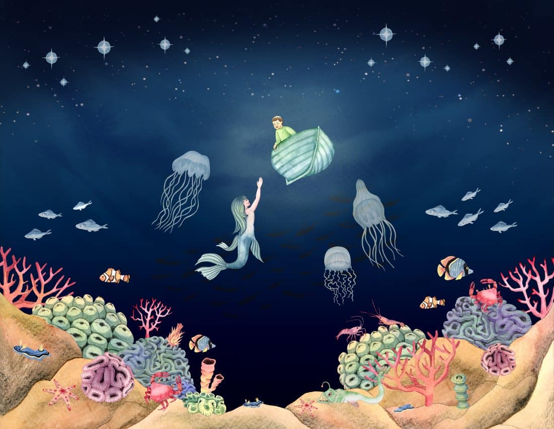 En illustration av korallrev, maneter, sjöjungfrun och en pojke i en båt