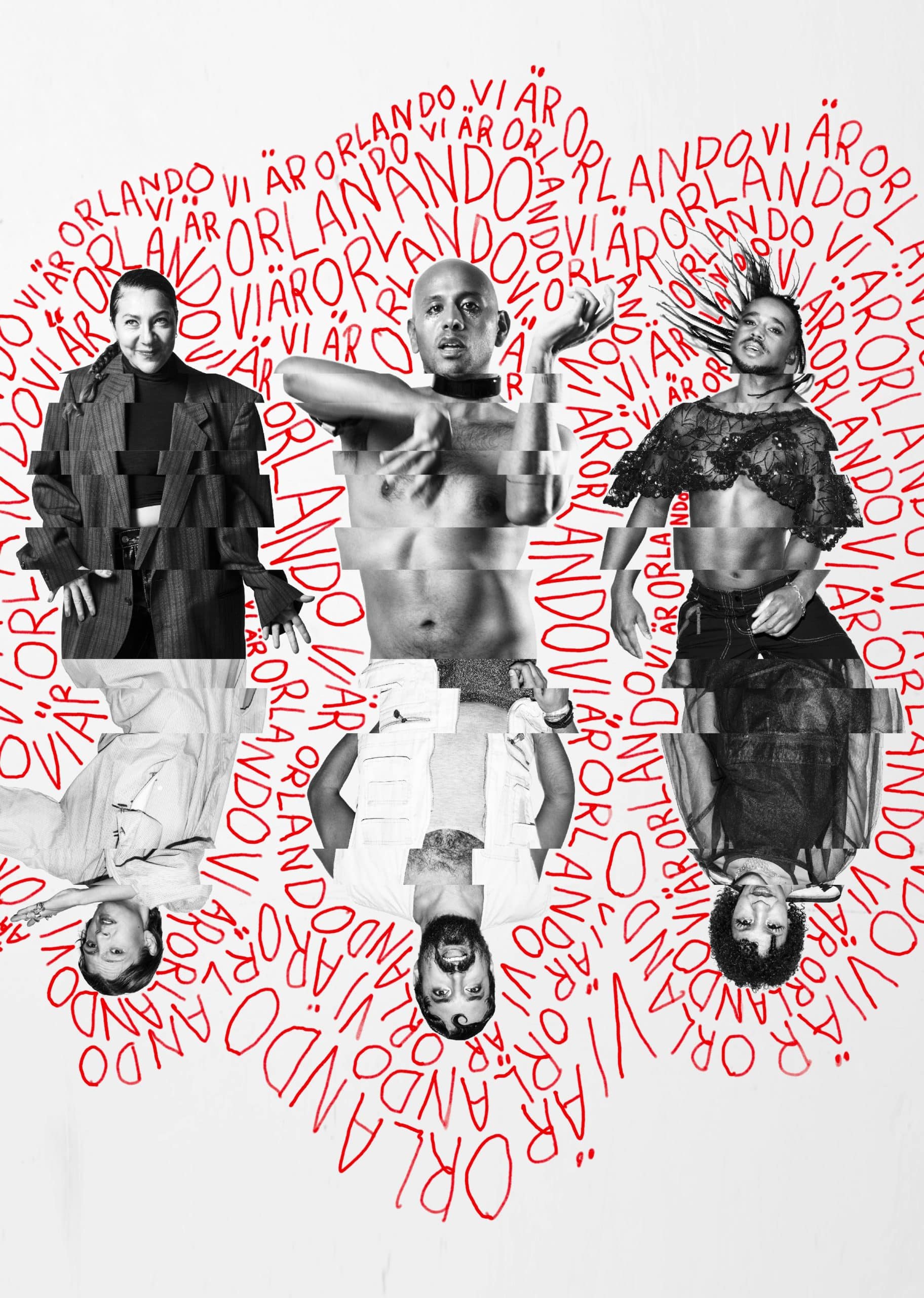 svartvita personer som är delade i längder, omgivna av röd text där det står "Vi är Orlando"