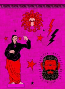 Illustration i rosa, rött och svart på tre moderna men grekisaka gudra. En cyklop, Medusa och stjärnor kring en grekisk staty