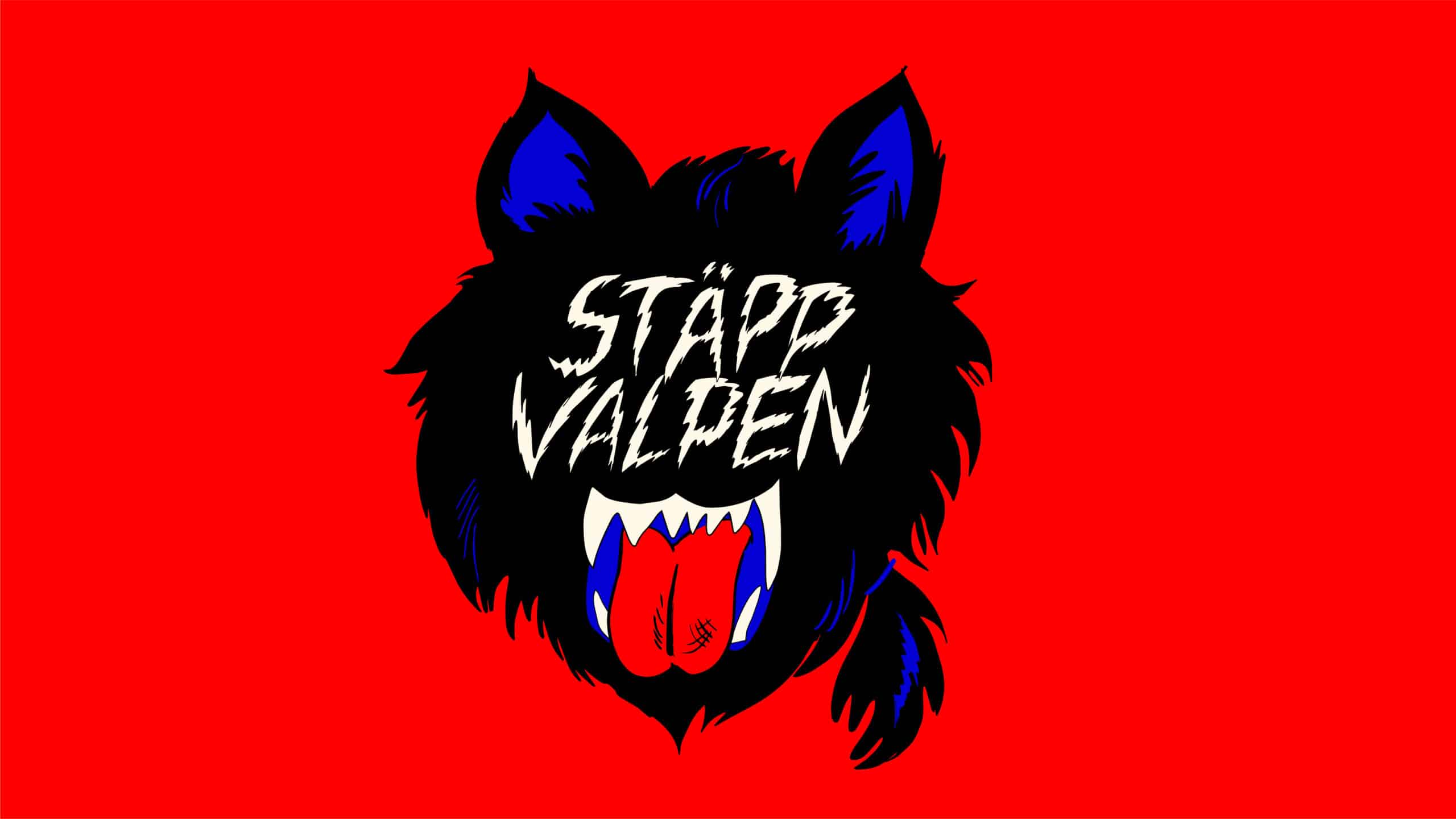 ett tecknat varg huvud med öppen mun emd tunga och huggtänder och hästsvans. över ansiktet står titeln Stäppvalpen